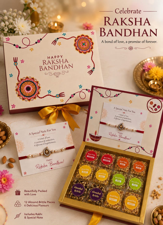 Almond Brittle Rakhi Hamper, Rakhi and Rakhi Wishes Card