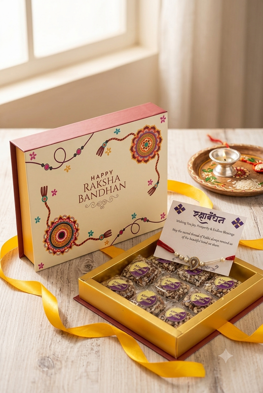 Almond Brittle Rakhi Hamper, Rakhi and Rakhi Wishes Card